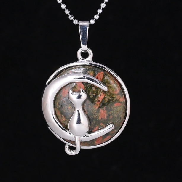 Natural Round Gemstone Chakra Healing Crystal Pendant Silver Cat Jewelry for Womens Girls