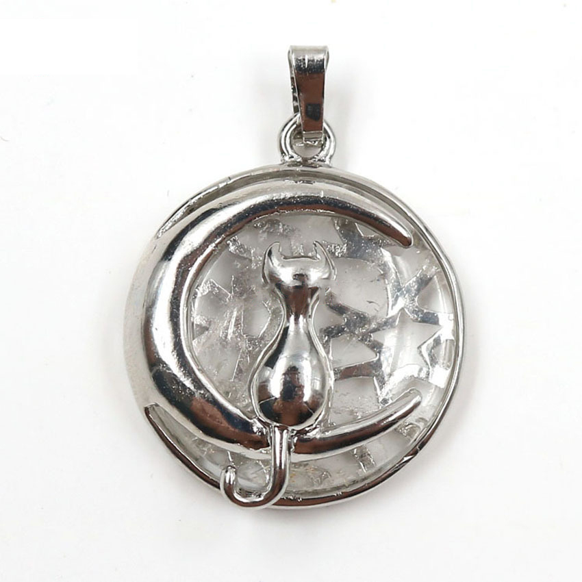 Natural Round Gemstone Chakra Healing Crystal Pendant Silver Cat Jewelry for Womens Girls