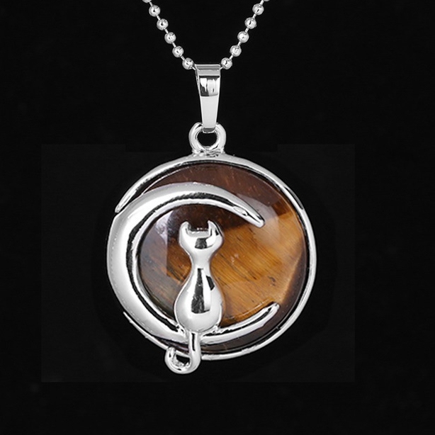 Natural Round Gemstone Chakra Healing Crystal Pendant Silver Cat Jewelry for Womens Girls