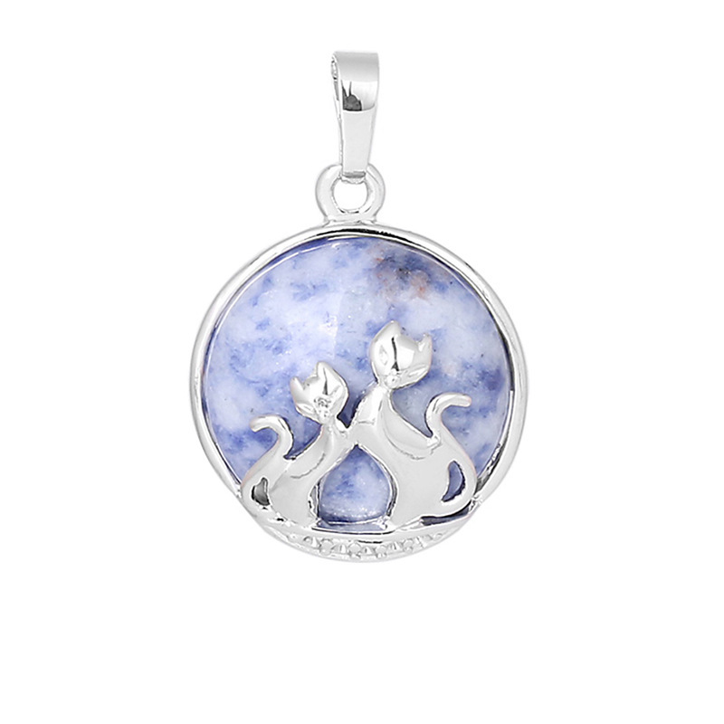 Natural Round Gemstone Chakra Healing Crystal Pendant Couples Silver Cat Jewelry for Womens Girls