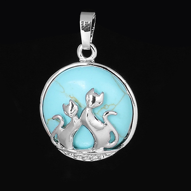 Natural Round Gemstone Chakra Healing Crystal Pendant Silver Cat Jewelry for Womens Girls