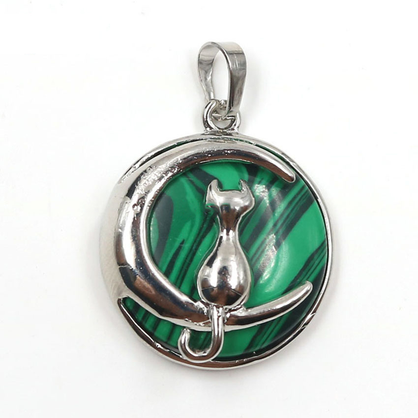 Natural Round Gemstone Chakra Healing Crystal Pendant Silver Cat Jewelry for Womens Girls