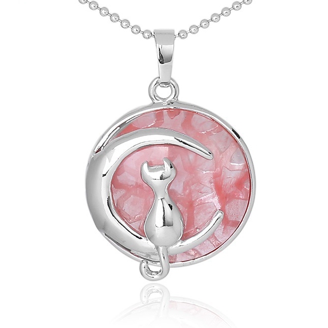 Natural Round Gemstone Chakra Healing Crystal Pendant Silver Cat Jewelry for Womens Girls