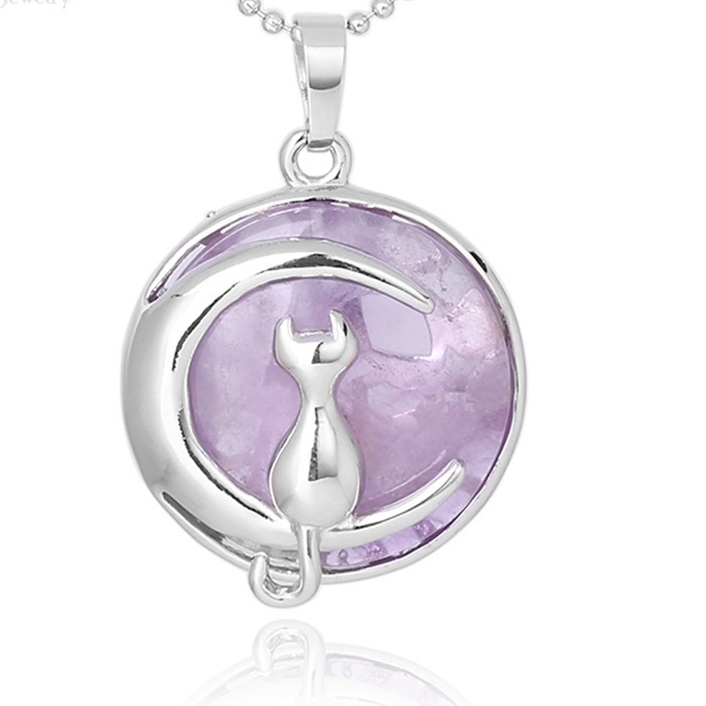 Natural Round Gemstone Chakra Healing Crystal Pendant Silver Cat Jewelry for Womens Girls