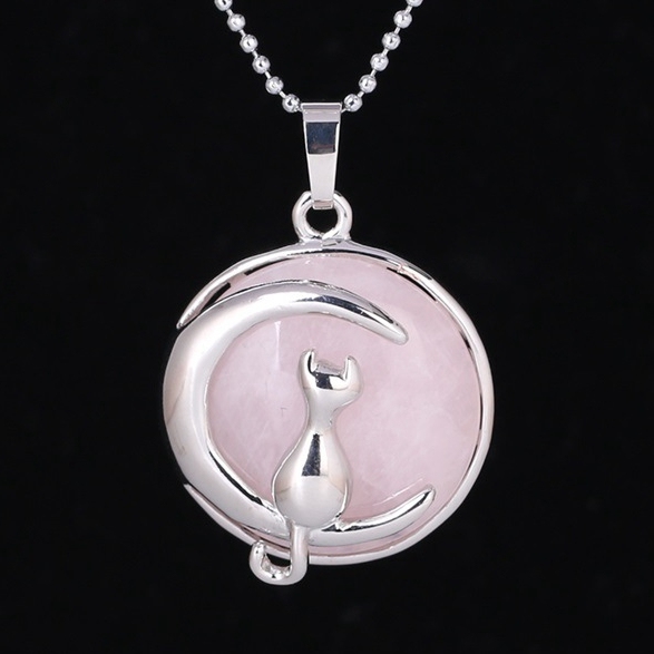 Natural Round Gemstone Chakra Healing Crystal Pendant Silver Cat Jewelry for Womens Girls