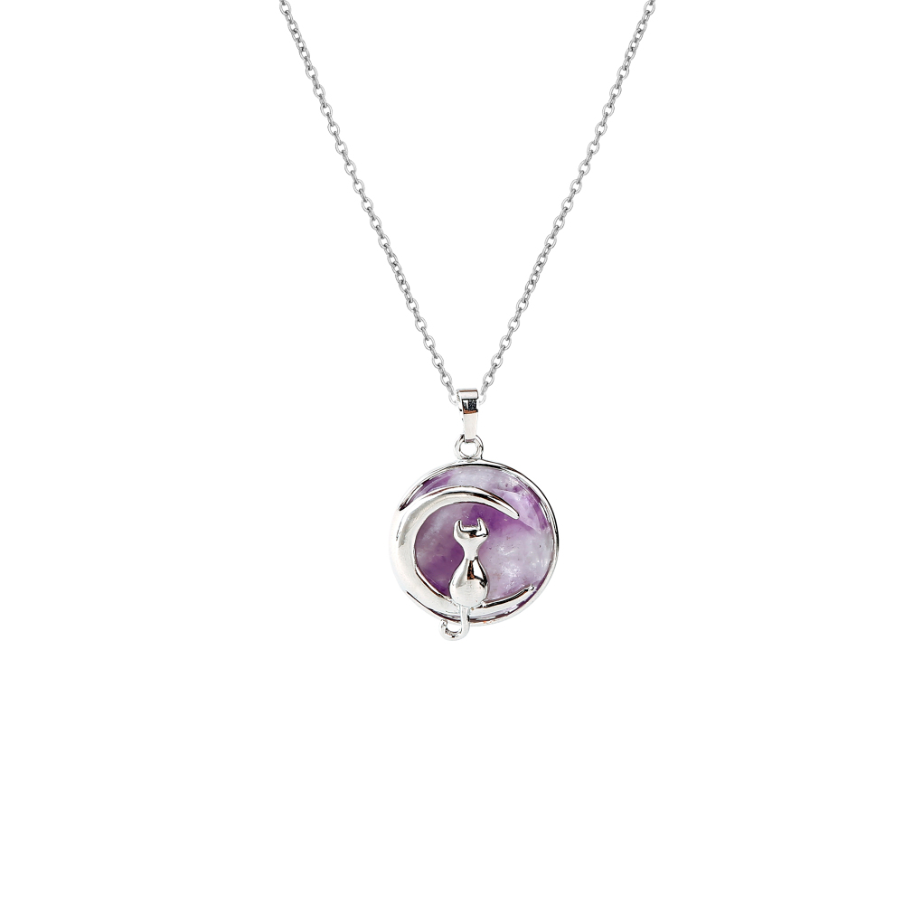 Natural Round Gemstone Chakra Healing Crystal Pendant Silver Cat Jewelry for Womens Girls