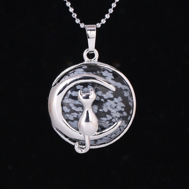 Natural Round Gemstone Chakra Healing Crystal Pendant Silver Cat Jewelry for Womens Girls