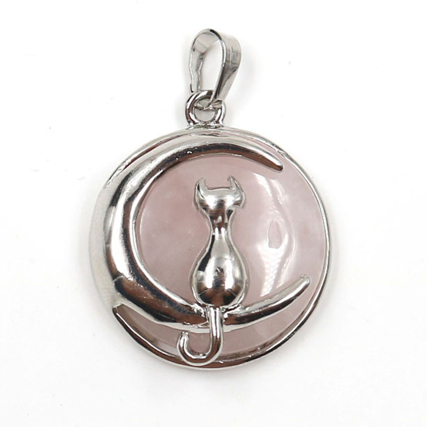 Natural Round Gemstone Chakra Healing Crystal Pendant Silver Cat Jewelry for Womens Girls