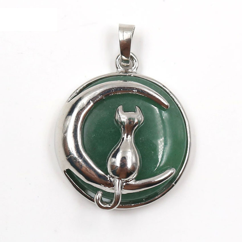 Natural Round Gemstone Chakra Healing Crystal Pendant Silver Cat Jewelry for Womens Girls
