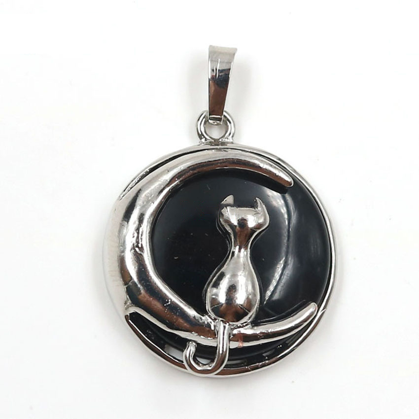 Natural Round Gemstone Chakra Healing Crystal Pendant Silver Cat Jewelry for Womens Girls