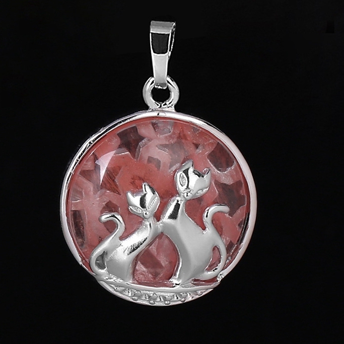 Natural Round Gemstone Chakra Healing Crystal Pendant Silver Cat Jewelry for Womens Girls