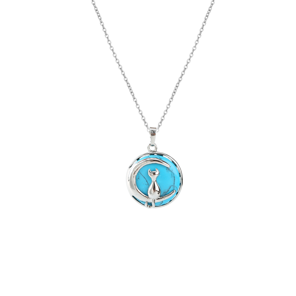 Natural Round Gemstone Chakra Healing Crystal Pendant Silver Cat Jewelry for Womens Girls
