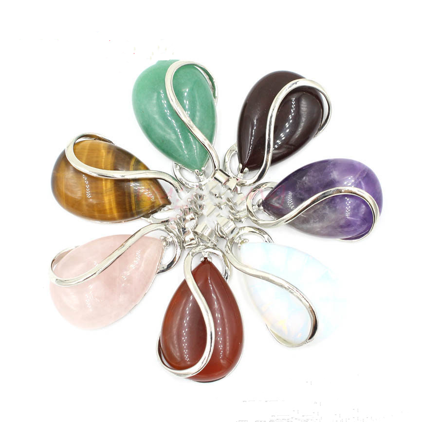 Natural Gemstone Waterdrop Steel Stainess Chakra Charms Pendant