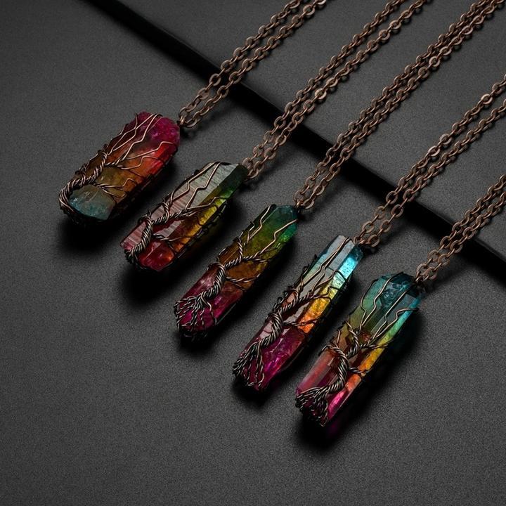 Handmade Tree of life Wrapped Natural Raw  Druzy Crystal Pillar Charm Pendant