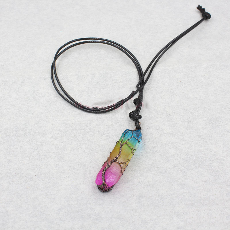 Handmade Tree of life Wrapped Natural Raw  Druzy Crystal Pillar Charm Pendant