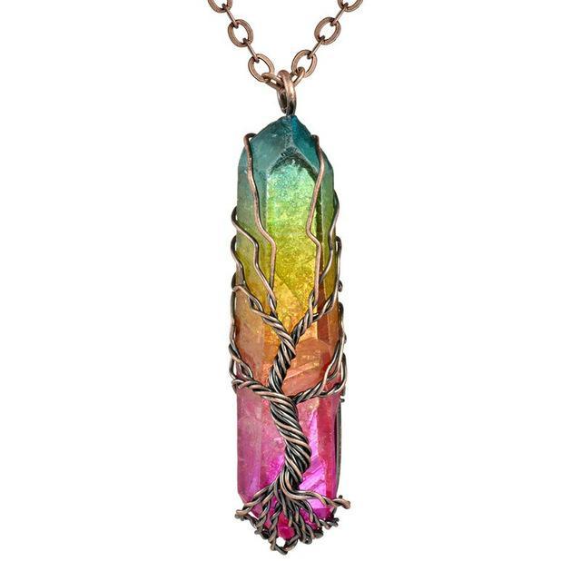 Handmade Tree of life Wrapped Natural Raw  Druzy Crystal Pillar Charm Pendant