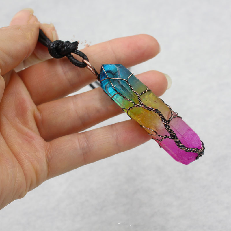 Handmade Tree of life Wrapped Natural Raw  Druzy Crystal Pillar Charm Pendant