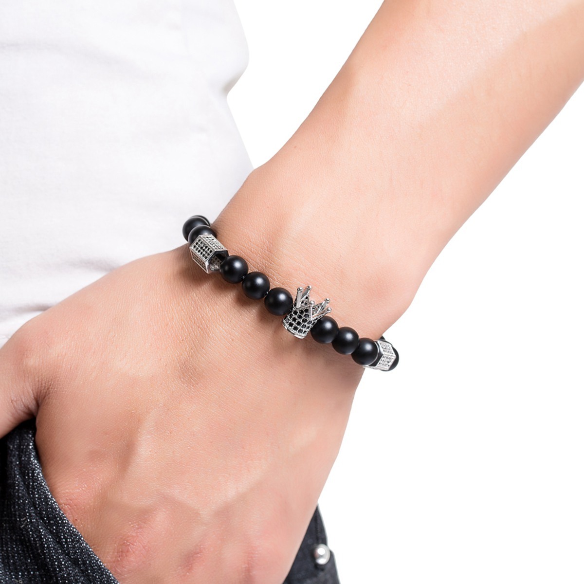Healing Energy Beads Stretch Bracelets Chakra Black Agate Adjustable Macrame for Men Women