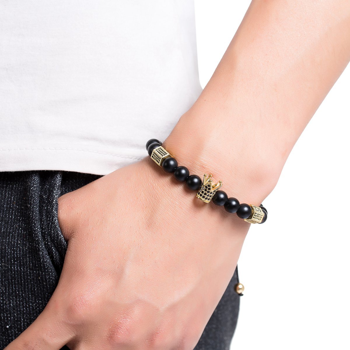 Healing Energy Beads Stretch Bracelets Chakra Black Agate Adjustable Macrame for Men Women