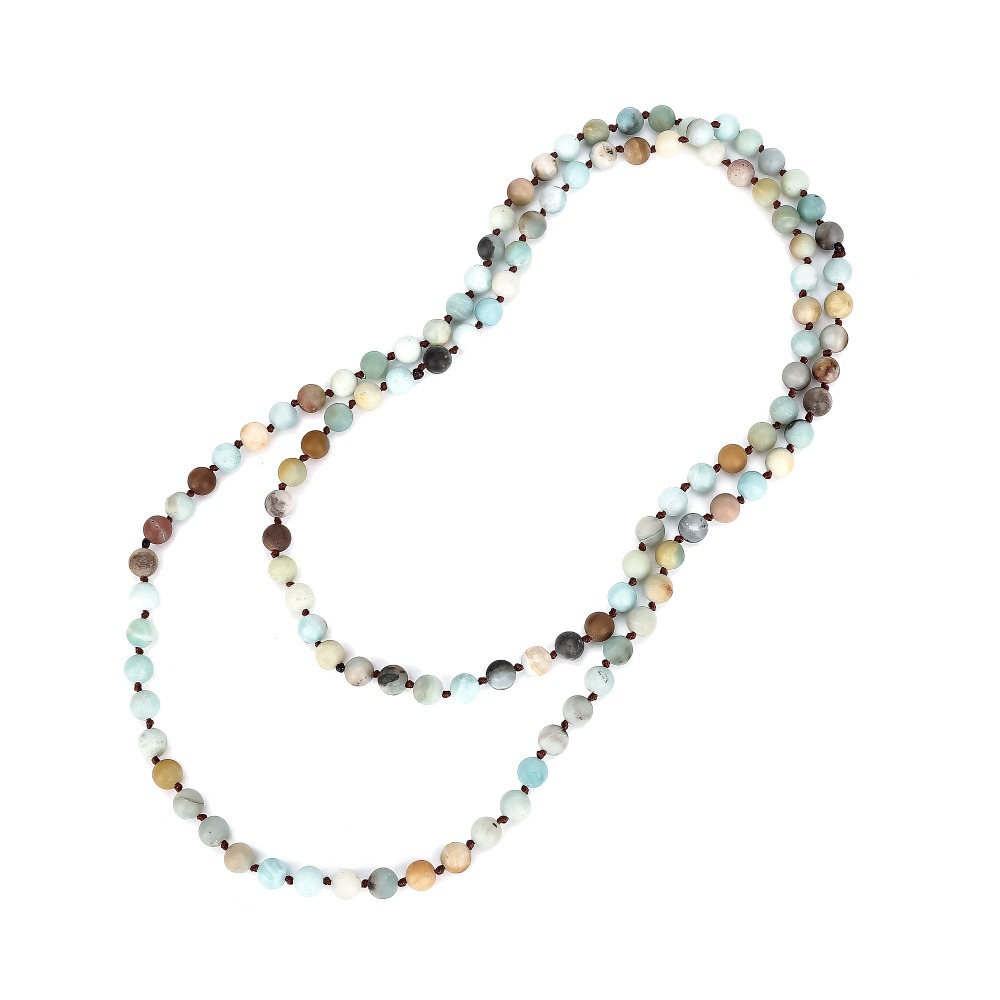 8mm Natural Amazonite Long Beaded Necklace Wrap Bracelet 108 Hand Knotted Yoga Beaded Necklace