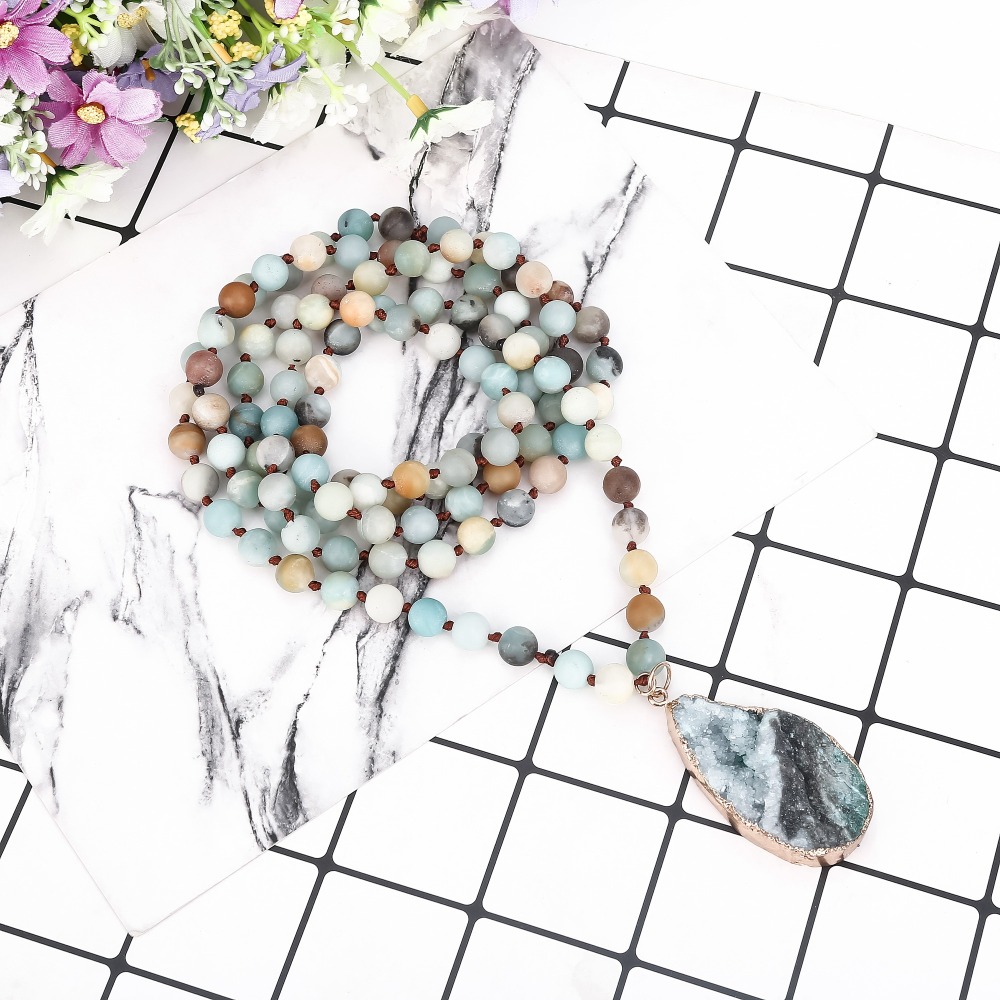8mm Natural Amazonite Long Beaded Necklace Wrap Bracelet 108 Hand Knotted Yoga Beaded Necklace