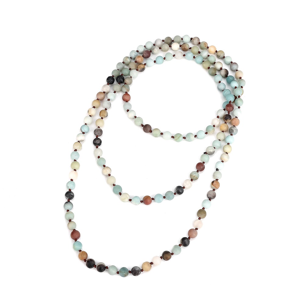 8mm Natural Amazonite Long Beaded Necklace Wrap Bracelet 108 Hand Knotted Yoga Beaded Necklace