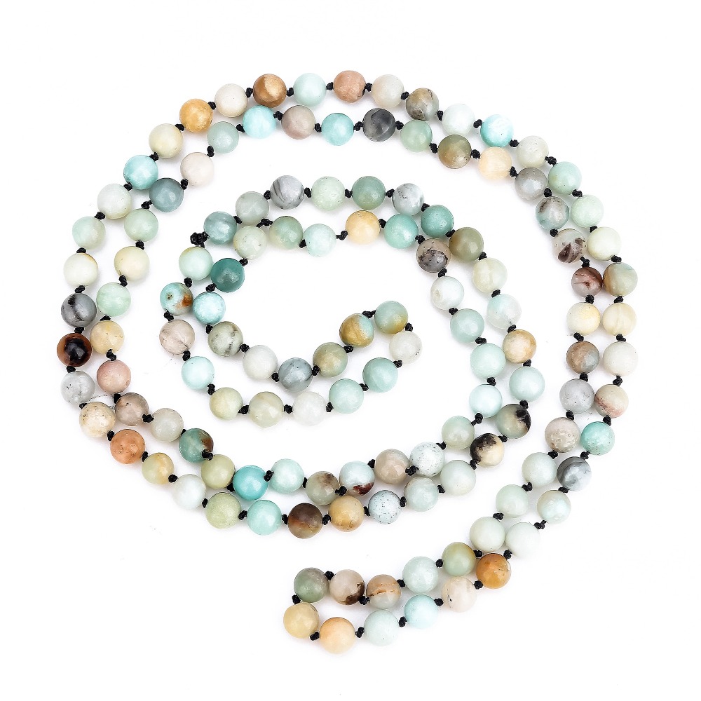 8mm Natural Amazonite Long Beaded Necklace Wrap Bracelet 108 Hand Knotted Yoga Beaded Necklace