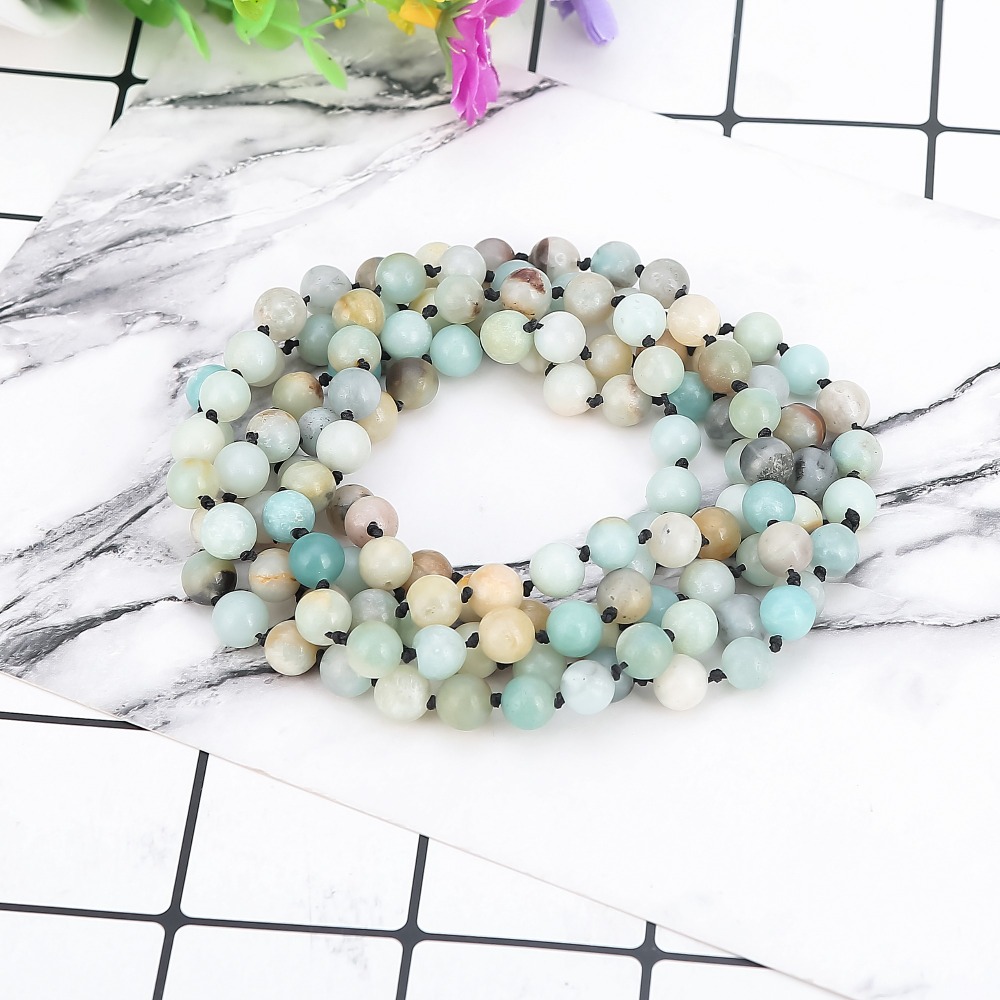 8mm Natural Amazonite Long Beaded Necklace Wrap Bracelet 108 Hand Knotted Yoga Beaded Necklace