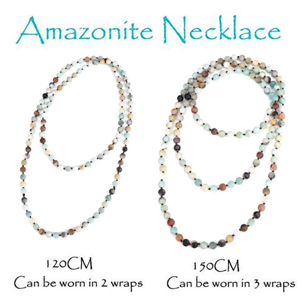 8mm Natural Amazonite Long Beaded Necklace Wrap Bracelet 108 Hand Knotted Yoga Beaded Necklace