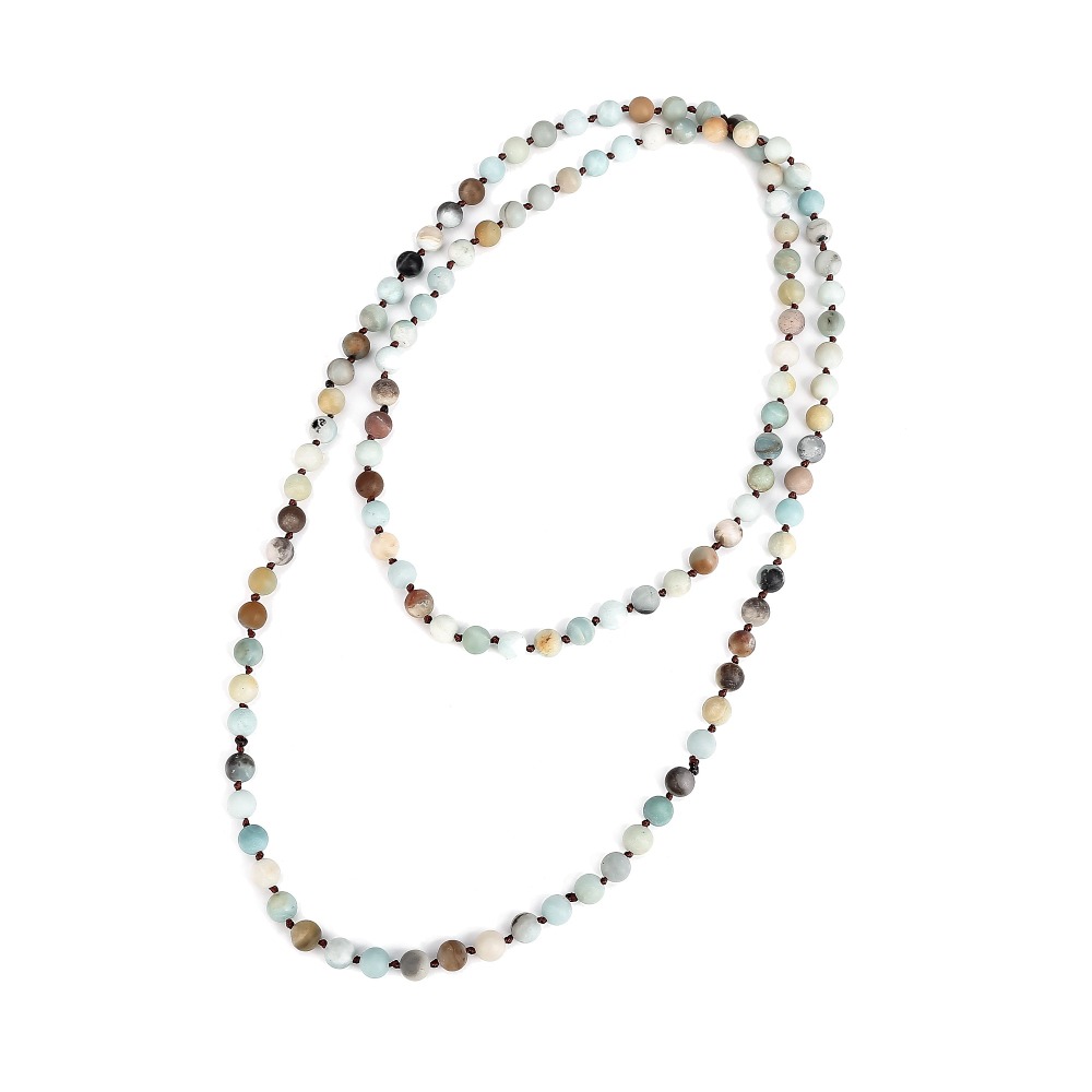 8mm Natural Amazonite Long Beaded Necklace Wrap Bracelet 108 Hand Knotted Yoga Beaded Necklace
