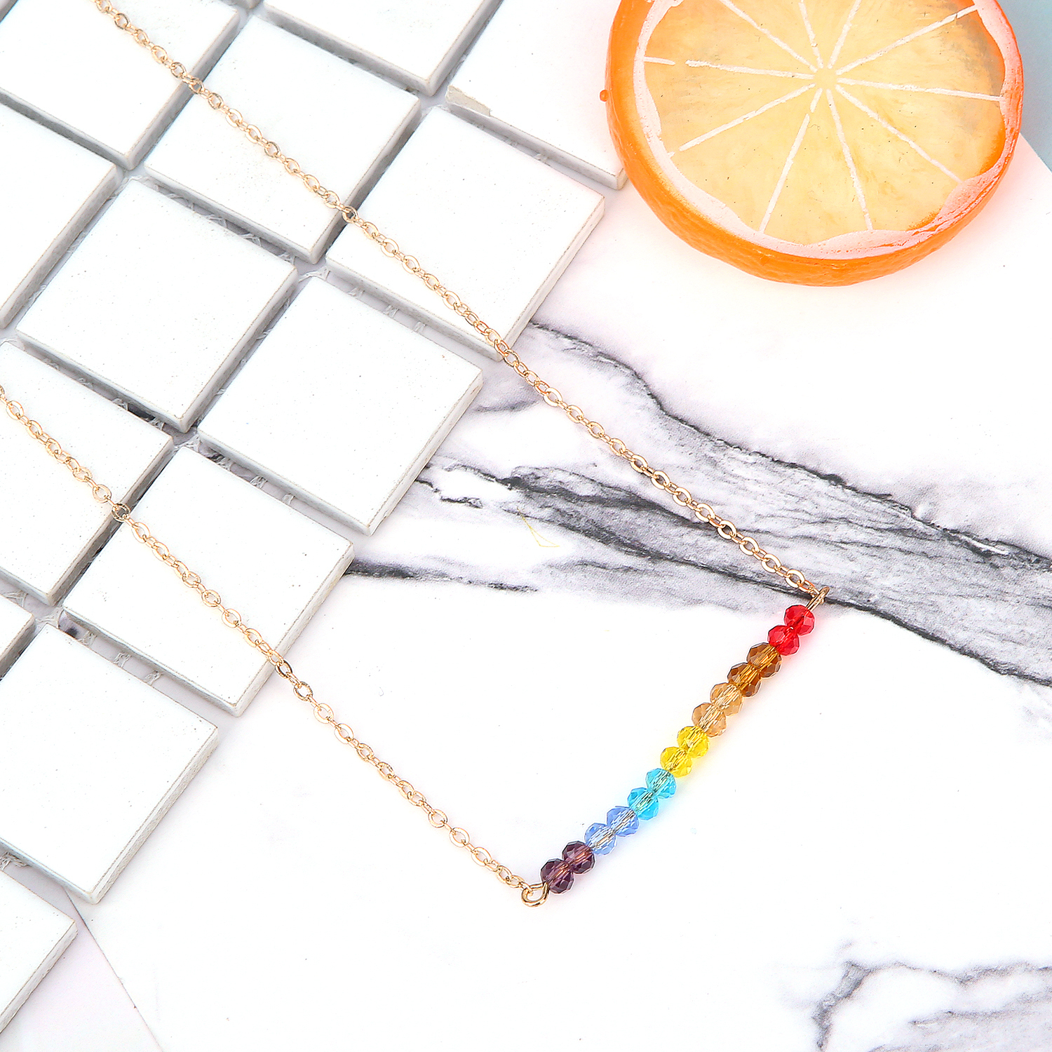 Colorful Cubic Zirconia Bar Necklace for Women Girls Circle Arc Rhinestone Pendant