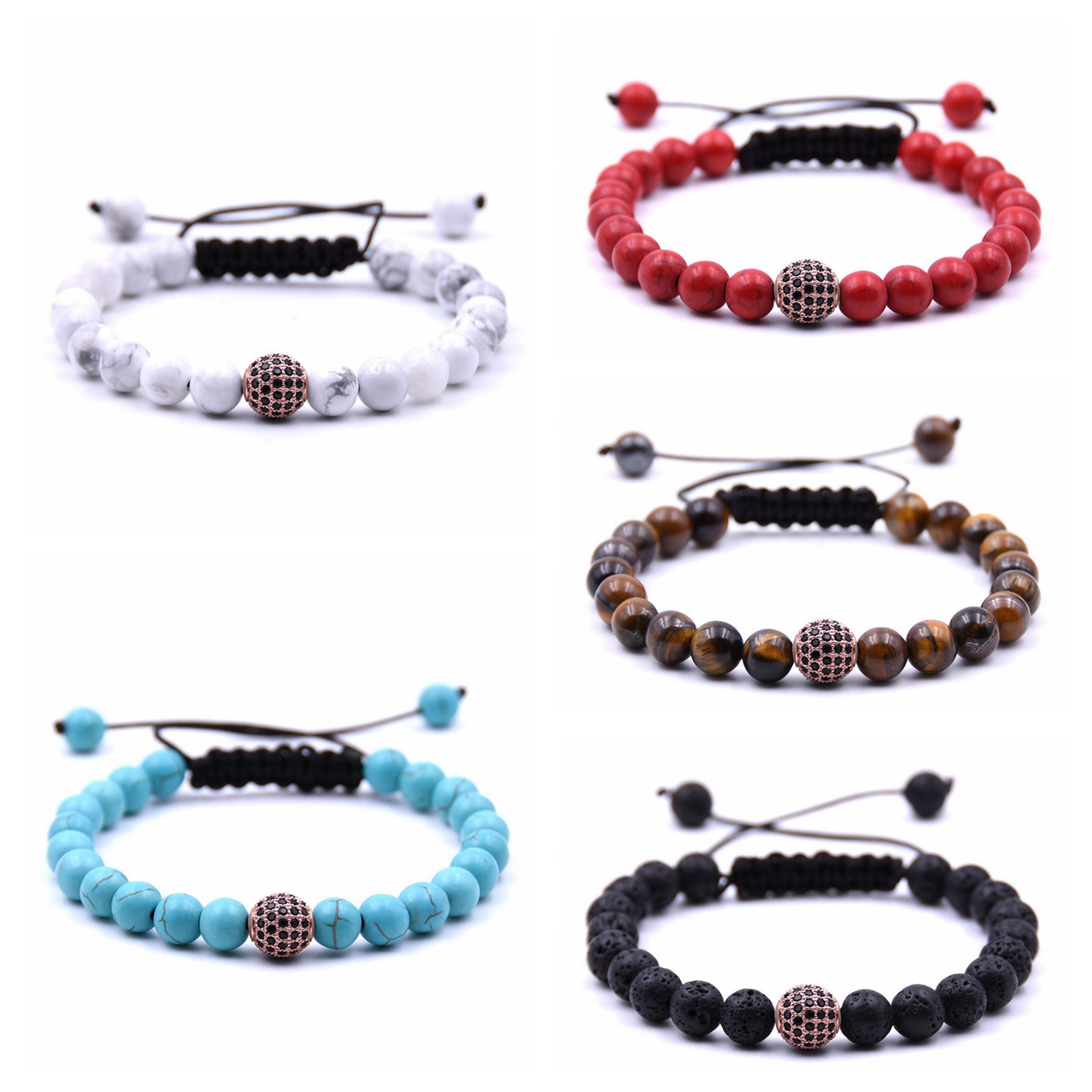 Mens Womens Beads Balls Braided Howlite Bracelet  Rose gold ball