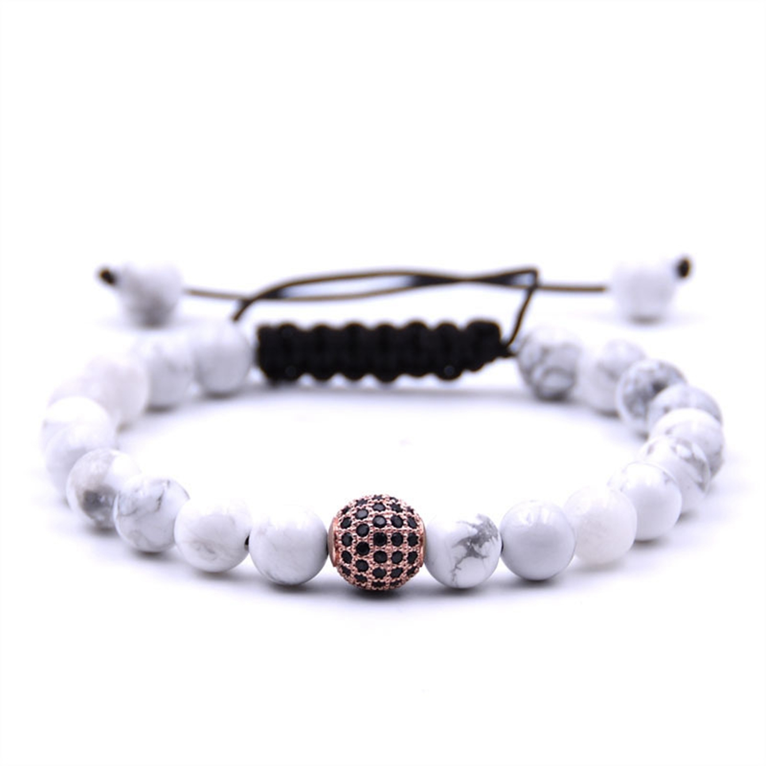 Mens Womens Beads Balls Braided Howlite Bracelet  Rose gold ball