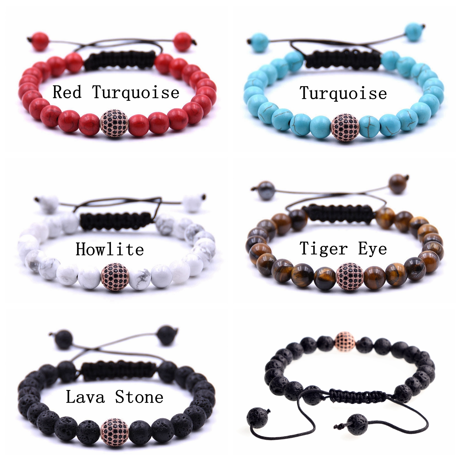 Mens Womens Beads Balls Braided Howlite Bracelet  Rose gold ball