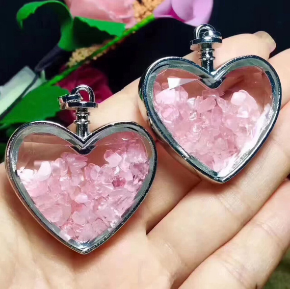 Opening Natural Crystal Heart-shaped Rose Quartz Stone Necklace Pendant