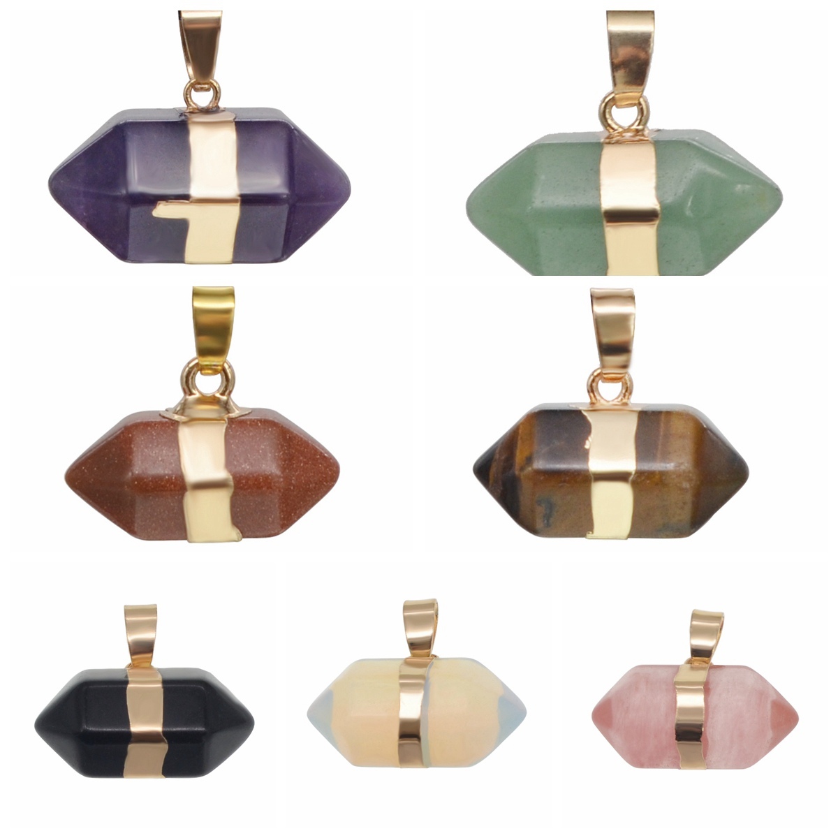 Hexagonal Column Gold Necklace，Natural Stone Pendant for Women and Girls