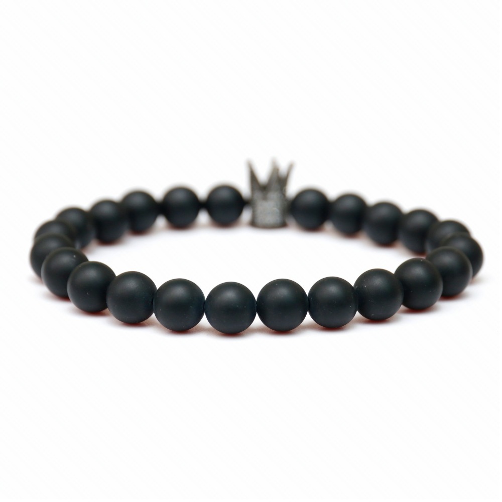 Beads Charm Fashion Men's 8mm Matte Black Onyx Crown Silver Gold Round Bracelet Rose Gold Crown