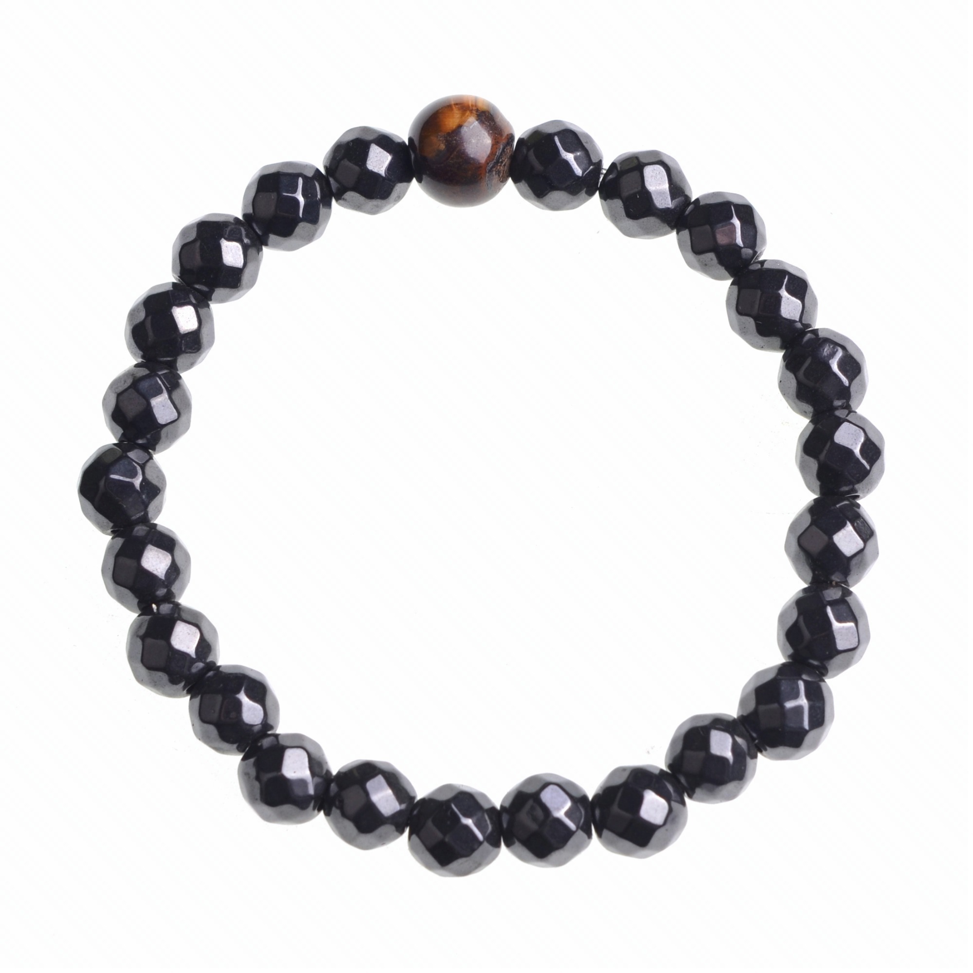 10mm Tiger Eye and 8mm Magnetic Hematite Faceted Black Beads Gem Stretch Therapy Bracelet