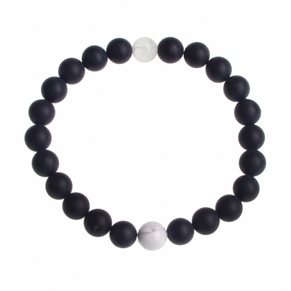 Handmade Gem Unisex Howlite and Black Onyx Beads Stretch Bracelets