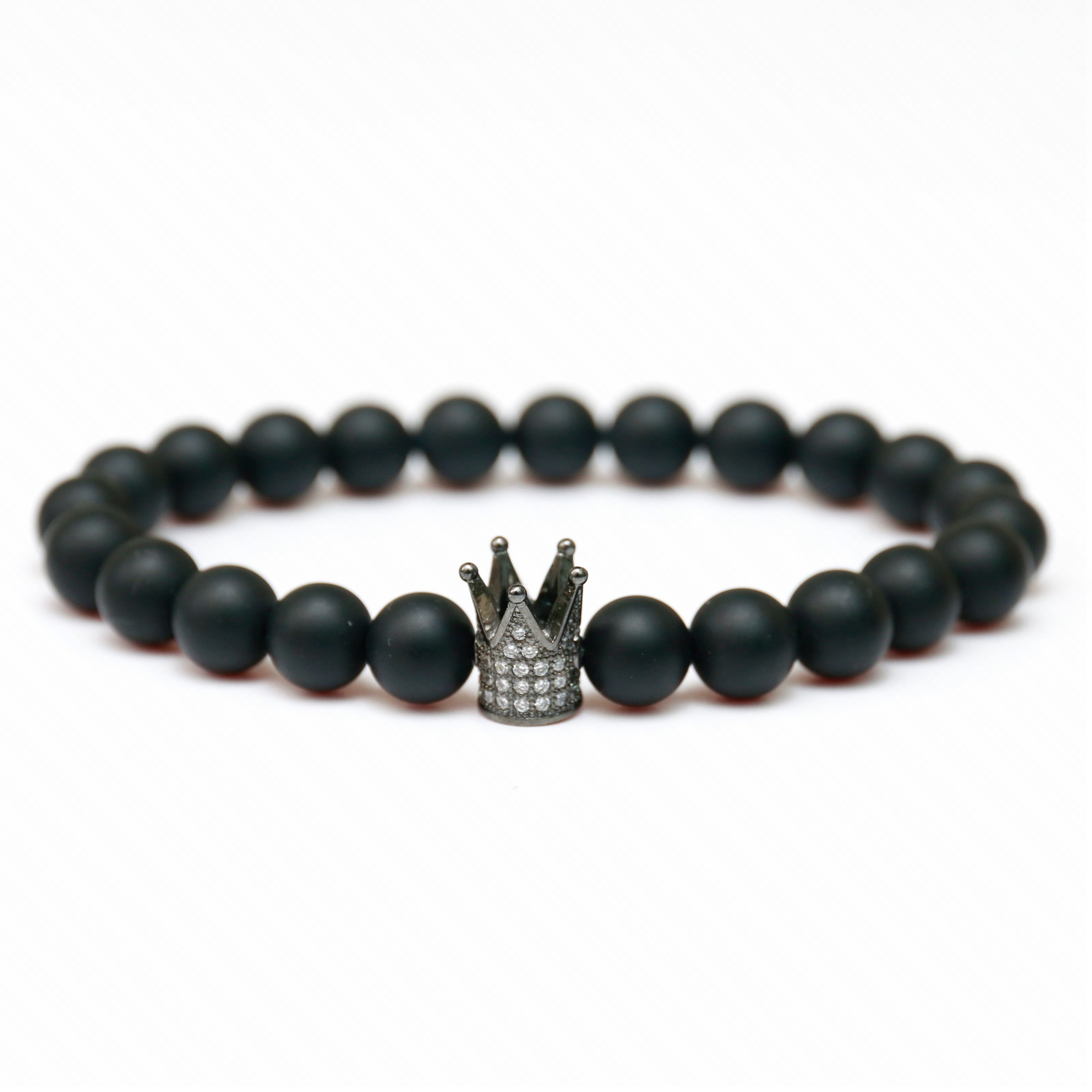 Beads Charm Fashion Men's 8mm Matte Black Onyx Crown Silver Gold Round Bracelet Rose Gold Crown