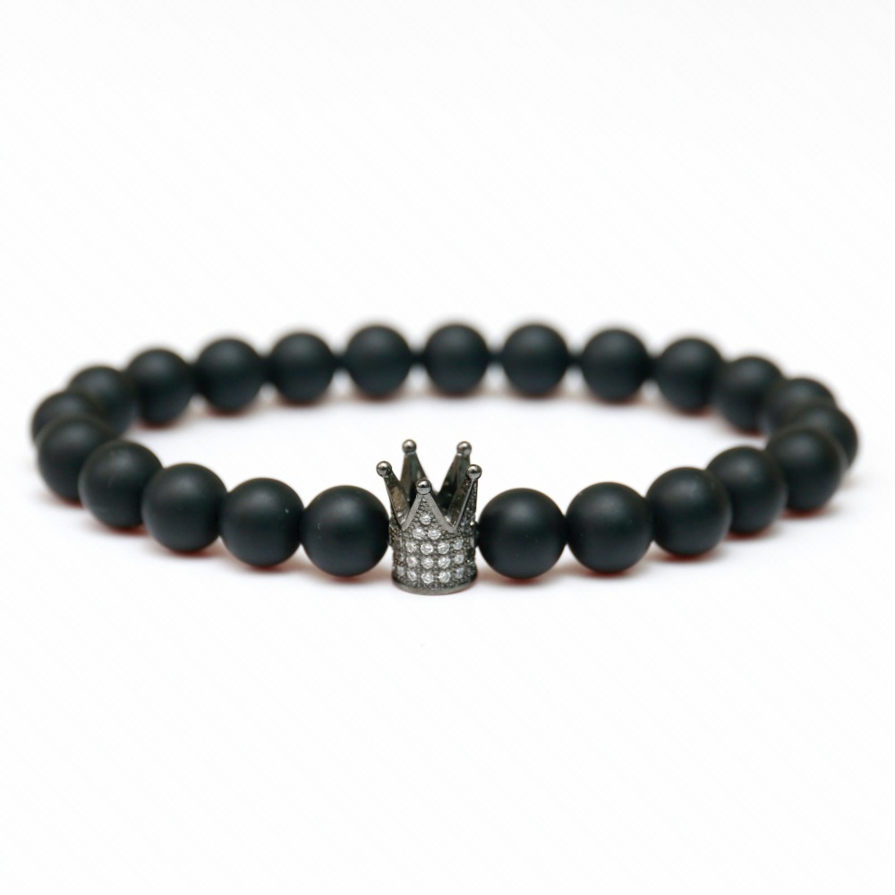 Beads Charm Fashion Men's 8mm Matte Black Onyx Crown Silver Gold Round Bracelet Rose Gold Crown