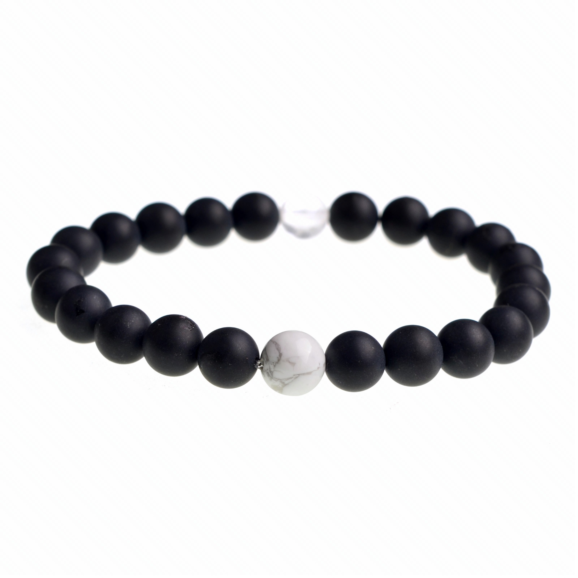 Handmade Gem Unisex Howlite and Black Onyx Beads Stretch Bracelets