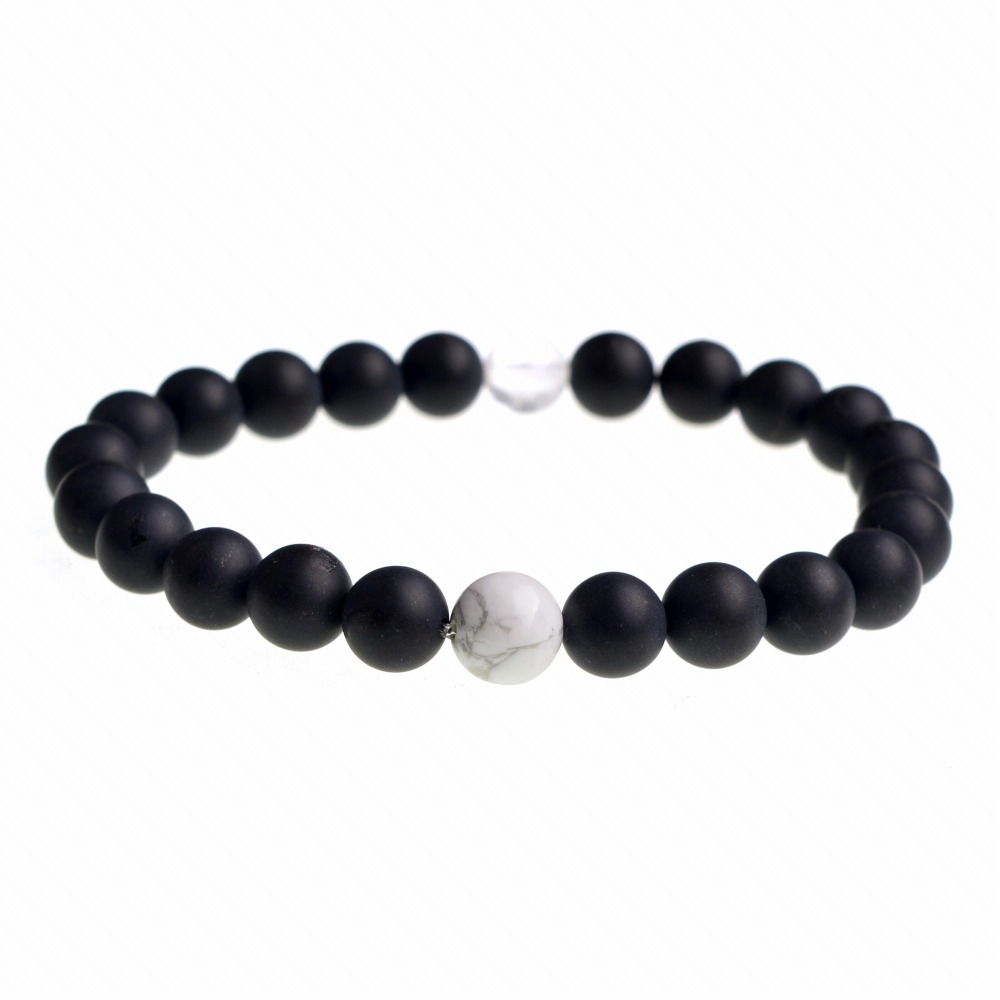 Handmade Gem Unisex Howlite and Black Onyx Beads Stretch Bracelets