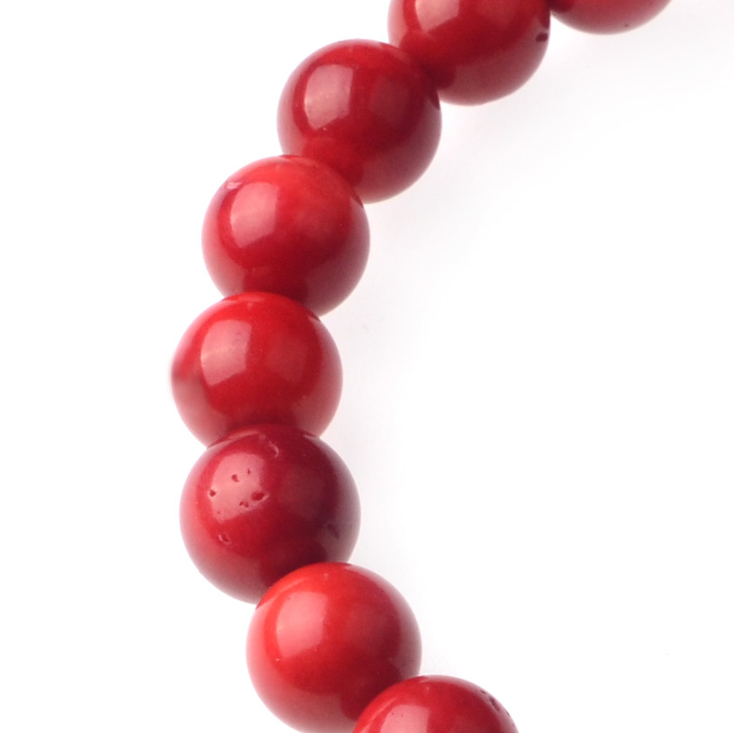 Red Coral 8MM Bead Bracelet with Band and 6PCS Stainless Steel Silver 8mm Lucky Round Bead Metal Beaded Charm Elastic Bracelet Women Gift