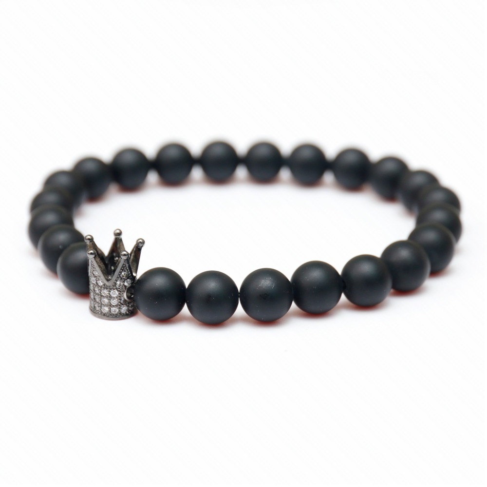 Beads Charm Fashion Men's 8mm Matte Black Onyx Crown Silver Gold Round Bracelet Rose Gold Crown