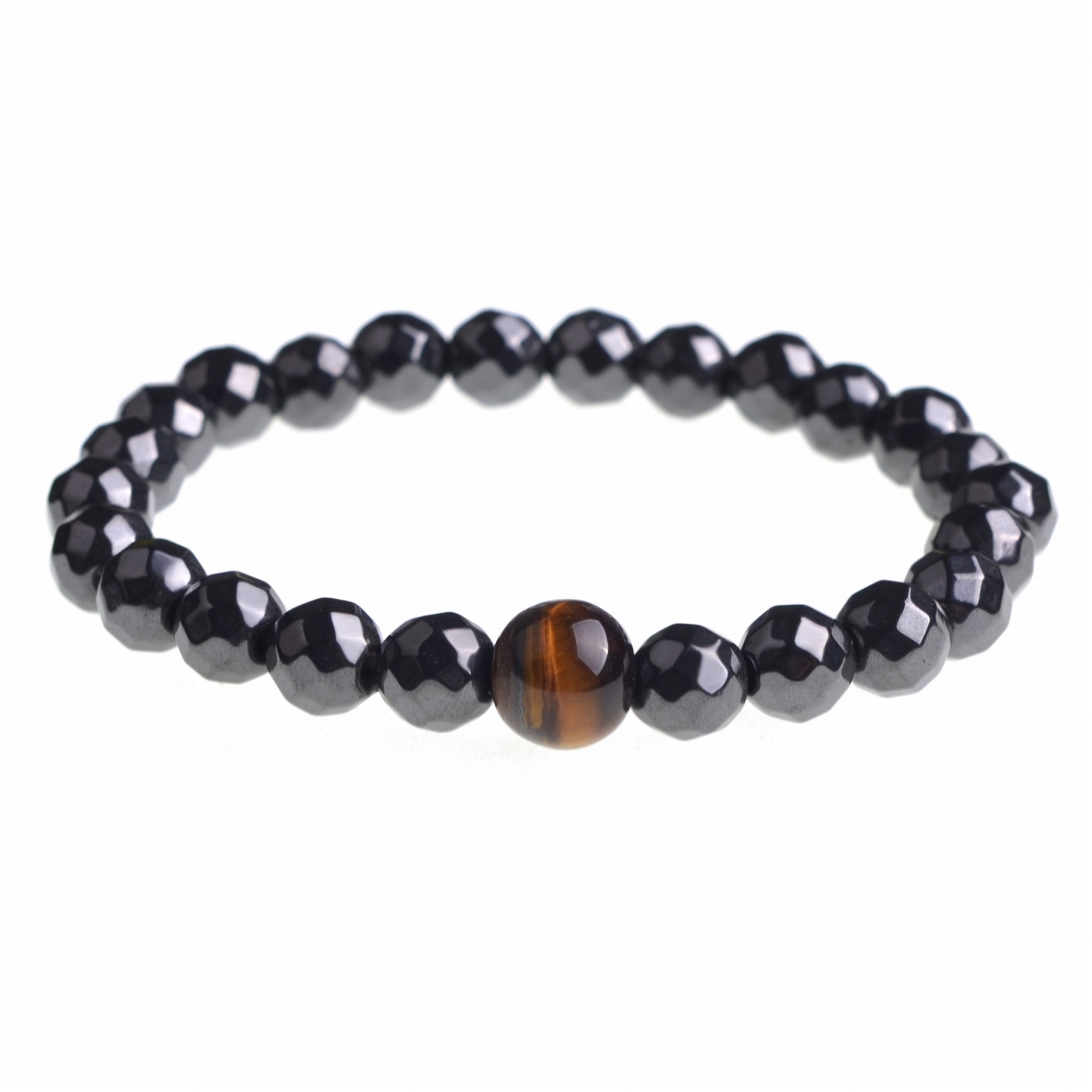 10mm Tiger Eye and 8mm Magnetic Hematite Faceted Black Beads Gem Stretch Therapy Bracelet