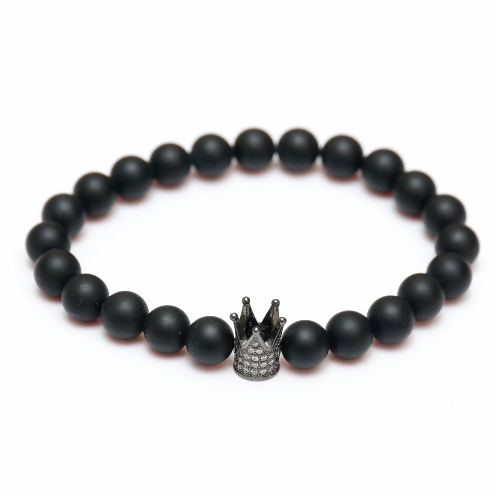 Beads Charm Fashion Men's 8mm Matte Black Onyx Crown Silver Gold Round Bracelet Rose Gold Crown
