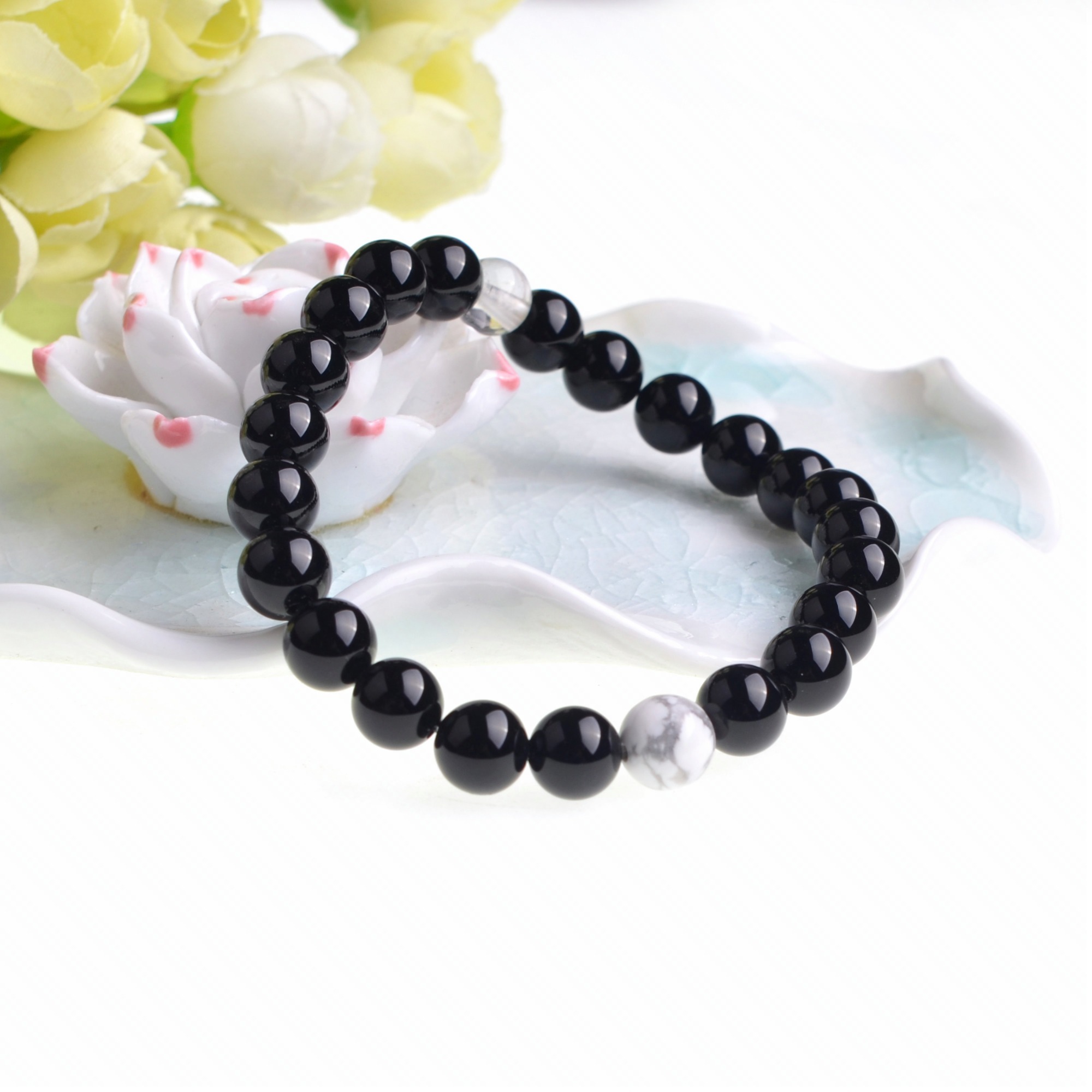 Handmade Gem Unisex Howlite and Black Onyx Beads Stretch Bracelets