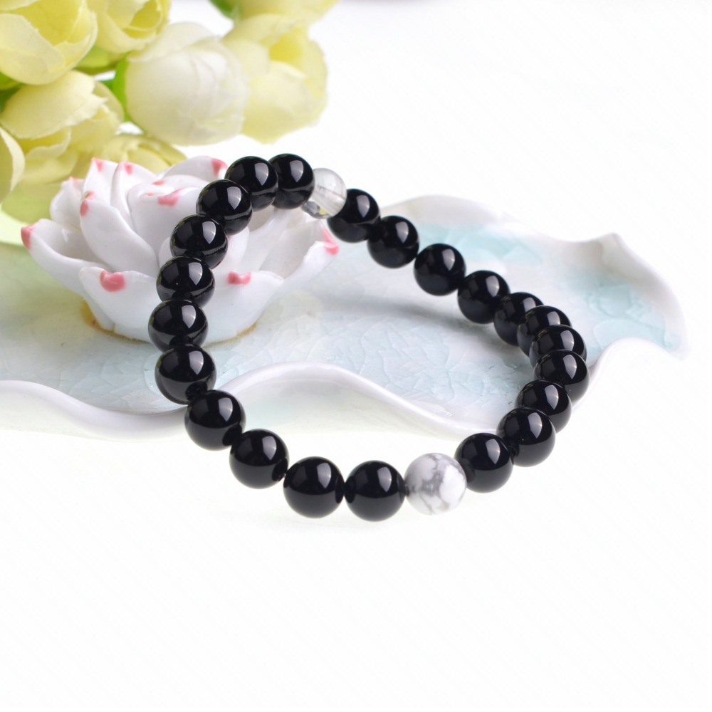 Handmade Gem Unisex Howlite and Black Onyx Beads Stretch Bracelets