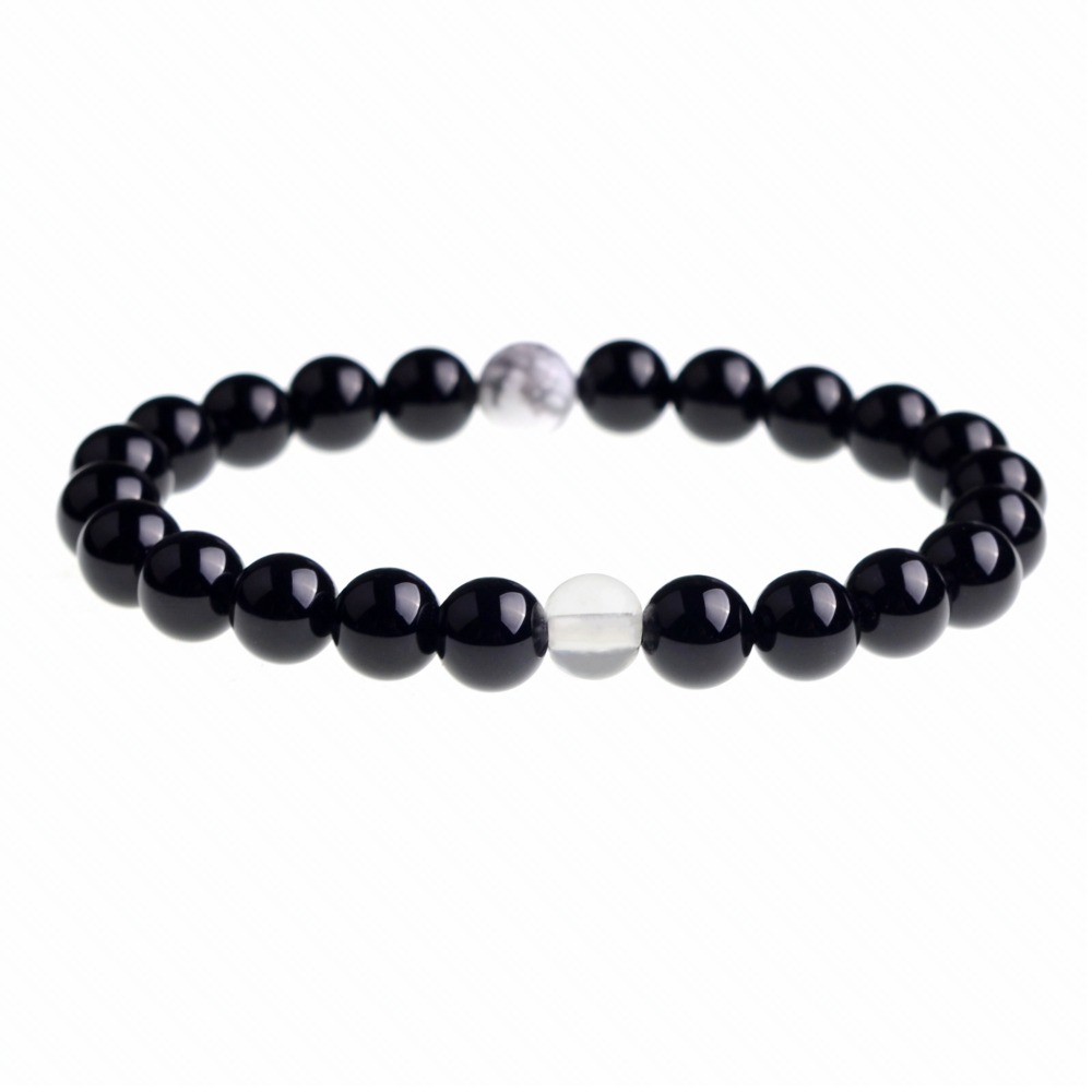 Handmade Gem Unisex Howlite and Black Onyx Beads Stretch Bracelets